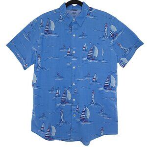 Izod Saltwater Cotton Blue Nautical Short Sleeve Button Up Casual Shirt Sz L